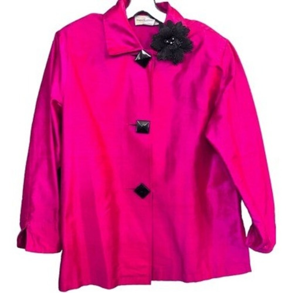 Vintage Painted Pony 100% Silk Jacket Hot Pink‎ Fuchsia Black Brooch Medium USA